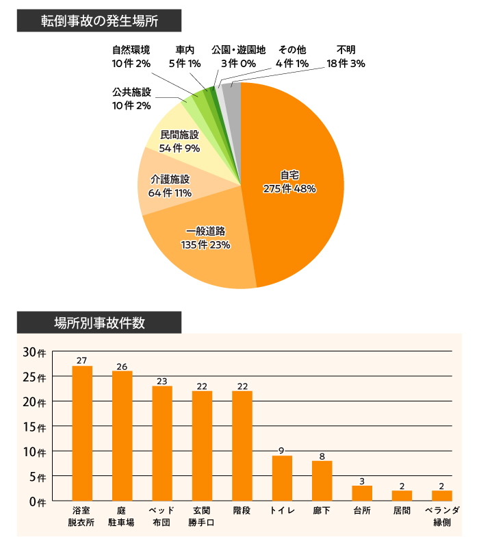 転倒事故の発生場所と場所別事故件数のグラフ